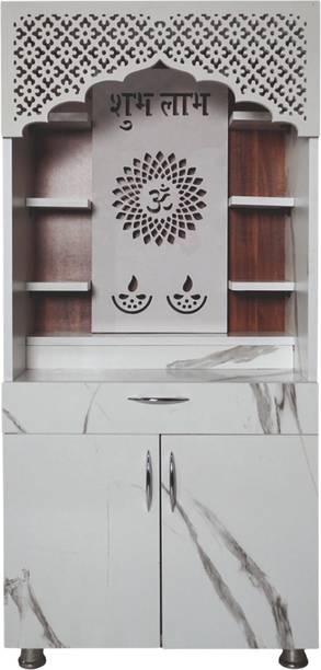 TheTempleHouse Wooden Mandir for Home with LED Om Panel & Storage Cabinet – White Marble Engineered Wood Home Temple