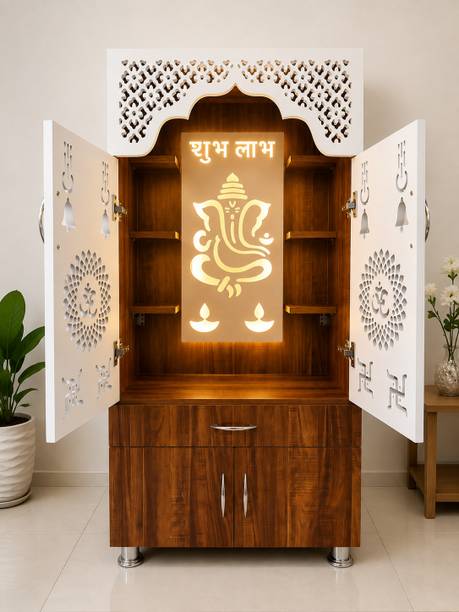 KANAKVEERA CRAFTS Premium Wooden Temple for Home | Pooja Mandir with LED Backlit Ganesh Design Engineered Wood Home Temple