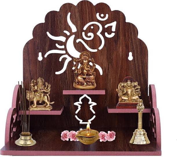 LAKHAJI Beautiful MDF Wooden Temple, Home Temple, Pooja Mandir, Wall Hanging and Table Top Home Mandir Temple, Home Decor Beautiful Wooden Temple with Stylish Om Design, (28*26*28 cm) Engineered Wood Home Temple