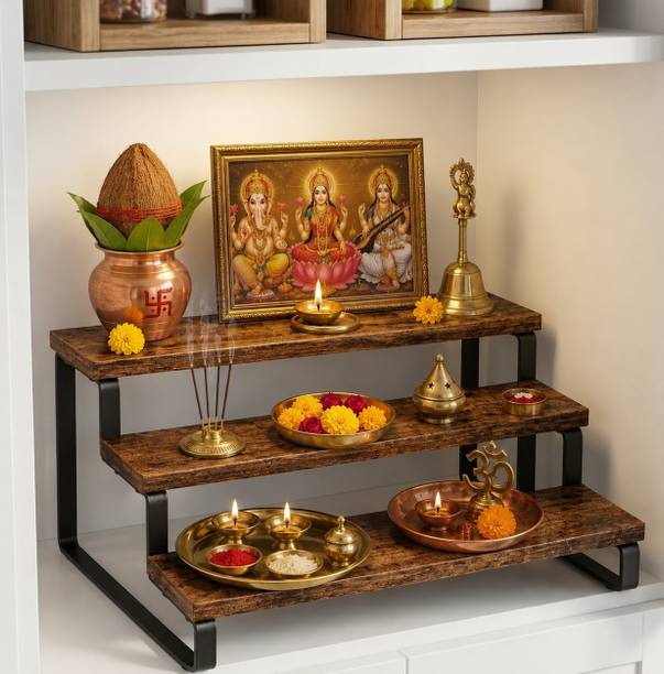 CarvCraftDecor 3 Tier Wooden Pooja Mandir Stand Engineered Wood Home Temple