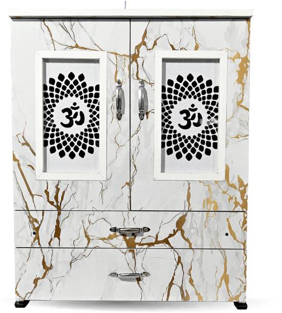 MARECARA WOODS “MARECARA Divine White Mandir – LED Light & Door | Marble Finish Engineered Wood Home Temple