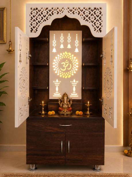 KANAKVEERA CRAFTS Wooden Pooja Mandir for Home Temple | Om Design Dark Walnut & White Finish Engineered Wood Home Temple