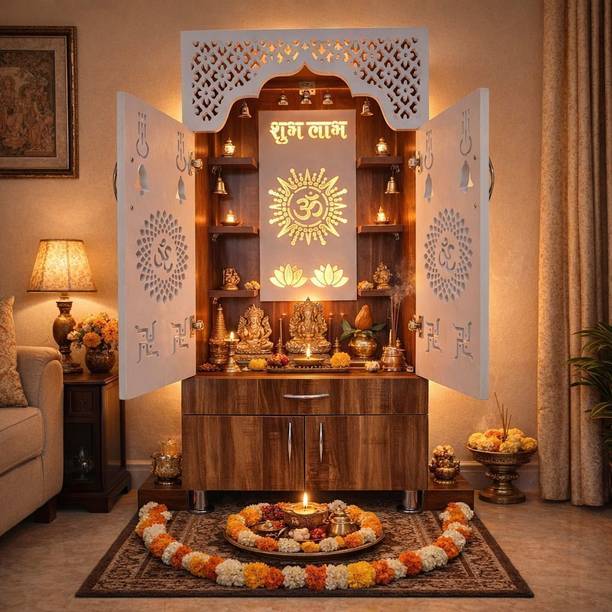 shivoja Modern Temple for Home/Pooja Mandir with Led Light Engineered Wood Home Temple