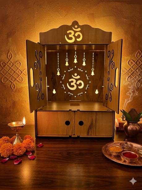 Expro Modern Wooden Pooja Mandir with Bell Design Light and Drawers Solid Wood Home Temple