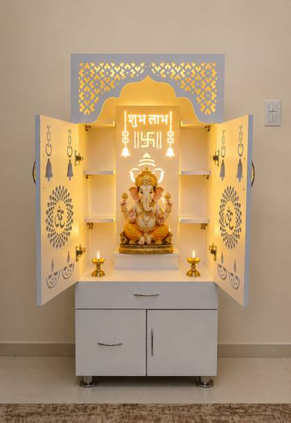 The Wooden Factory White Pooja Mandir for Home with LED Light, Storage Cabinet & CNC Cut Design Engineered Wood Home Temple
