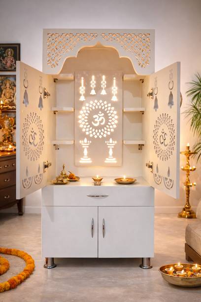 KANAKVEERA CRAFTS Wooden Temple For Home/ Designer Pooja Mandir with Doors Engineered Wood Home Temple
