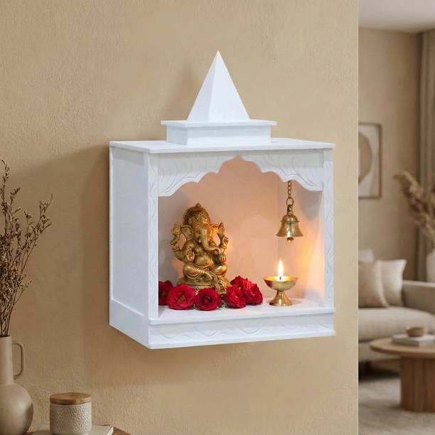 Furniza White Finish Traditional Wooden Pooja Mandir for Home |Compact & Lightweight MDF Engineered Wood Home Temple