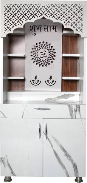 MandirParadise Modern Wooden Temple for Home with LED Light | Marble Finish Shubh Labh Design Engineered Wood Home Temple