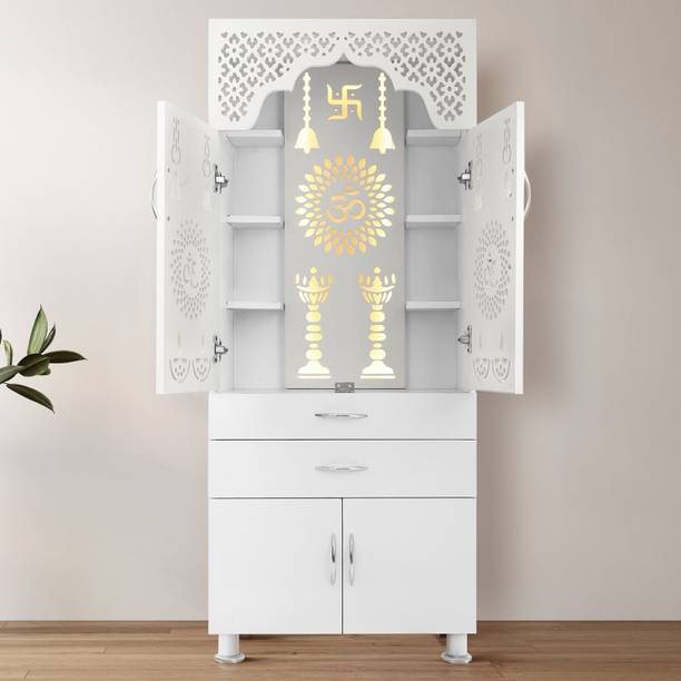 Old Wolf Furniture Big Size Designer Wooden Temple With LED Light, Tray & Drawer Storage Engineered Wood Home Temple