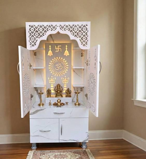 Flipkart Perfect Homes White Marble Finish Wooden Home Temple with LED Backlight and Storage Cabinet Engineered Wood Home Temple