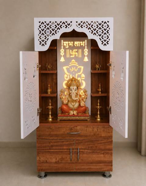 The Wooden Factory Pooja Mandir for Home with LED Backlit Ganesha Panel, Storage Drawer & Cabinet Engineered Wood Home Temple