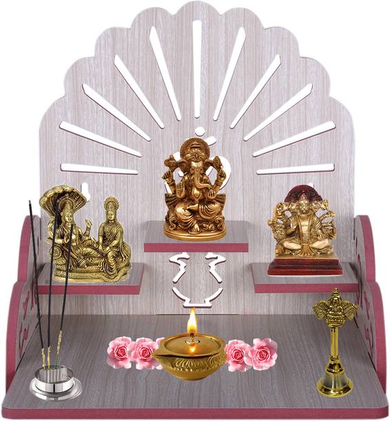 LAKHAJI Beautiful MDF Wooden Temple,Home Temple, Pooja Mandir, Wall Hanging and Table Top Home Mandir Temple, Home Decor Beautiful Wooden Temple with Beautiful Sun Ray Design, (28*26*28 cm) Engineered Wood Home Temple