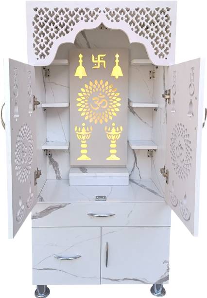 The Wooden Factory Taj Marble home temple with LED Backlight/ Om Symbol and Swastik Design Engineered Wood Home Temple