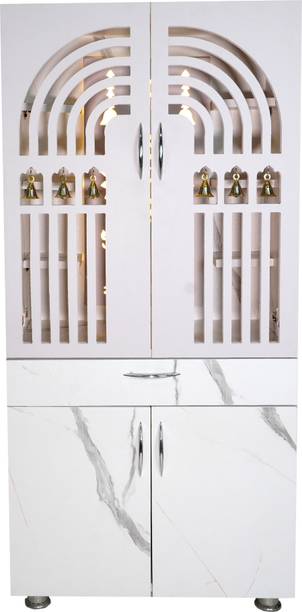 MandirParadise White Marble Pooja Mandir For Home with LED Backlit Om Design Panel Engineered Wood Home Temple