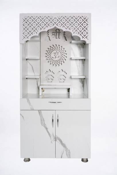 The Mandir Company Pooja Mandir for Home with LED Light & Storage | White Marble Finish Engineered Wood Home Temple