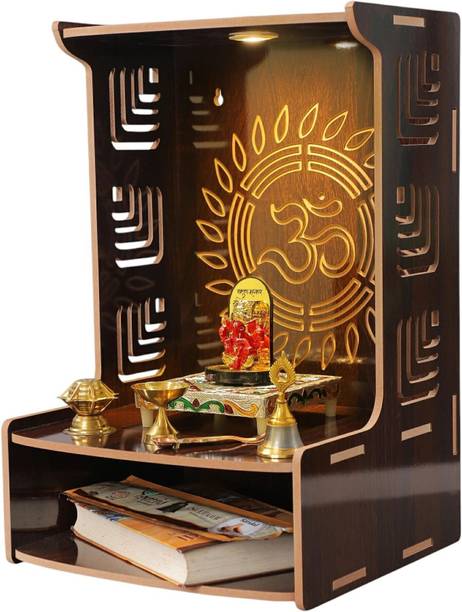 VINTAGECREATION Wooden Temple for Home with Om Design, LED Lights, Storage Shelf,Lattice Pattern Engineered Wood Home Temple