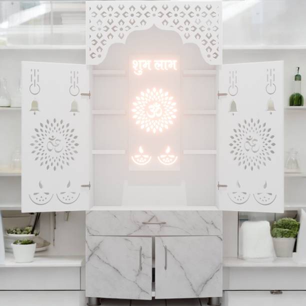 HOODWIN Furniture Wooden Mandir Temple With Decorative LED Light Pre-assembled Engineered Wood Home Temple