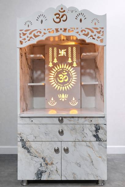 RK Modular Furniture Wooden Home Temple with LED Om Design | Marble Finish Pooja Mandir with Drawer Engineered Wood Home Temple