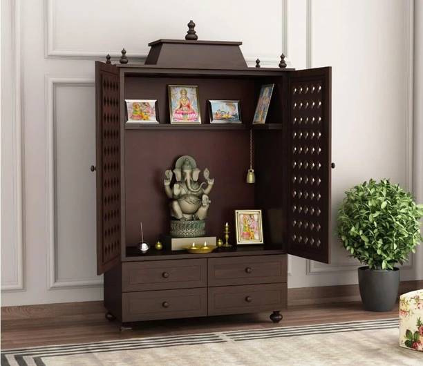 VARSHA FURNITURE Solid Wood Temple for Home|Mandir|Pooja Stand|Mandapam with 4 Drawers- Walnut Solid Wood Home Temple