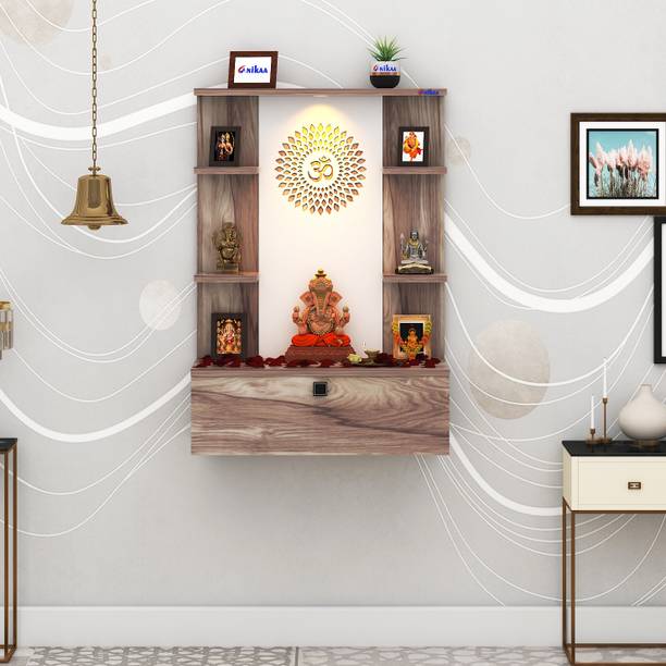 ANIKAA Namami Wall-Mount Wooden Home Temple with LED Light & Storage Engineered Wood Home Temple
