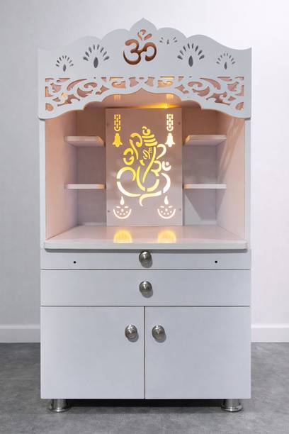 RK Modular Furniture Wooden Home Temple with LED Ganesh Design | Modern Pooja Mandir with Drawer Engineered Wood Home Temple