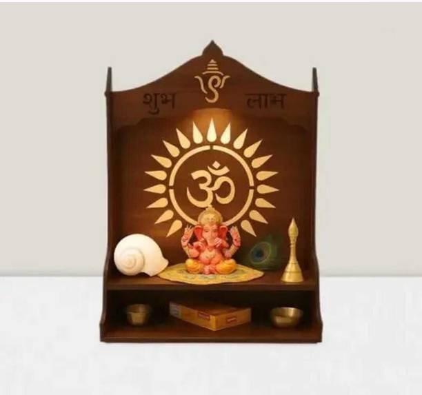 The Laptev Wooden Pooja Mandir for Home & Office with Shubh Labh & Om Design Solid Wood Home Temple