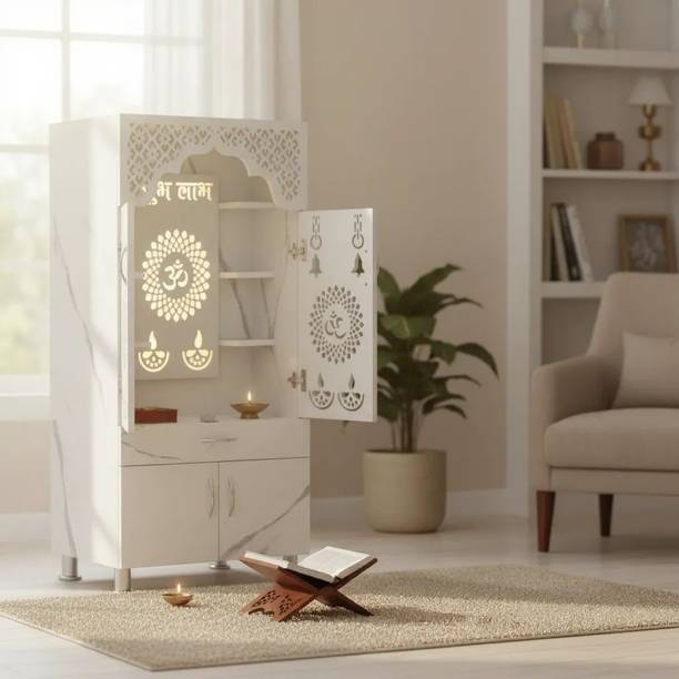 Shlok White Marble Wooden Temple with LED Light Engineered Wood Home Temple