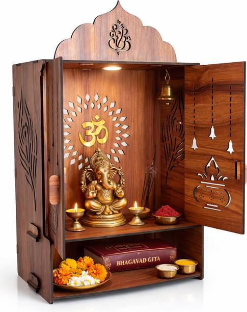 Gloridec Wooden Wall Mounted Pooja Mandir with Door & Storage | LED Temple Engineered Wood Home Temple