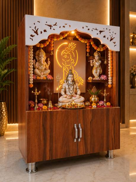 HOODWIN Wooden Lord Shiva Pooja Mandir With LED Light & Storage Temple For Home Engineered Wood Home Temple