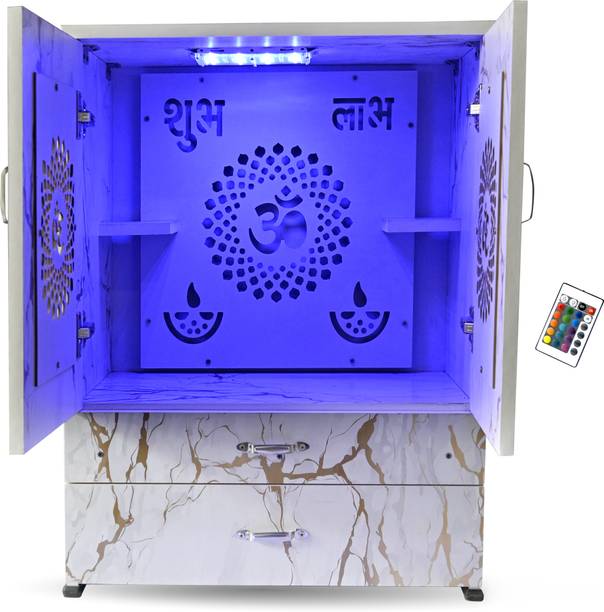 MARECARA WOODS “MARECARA Divine White Mandir – LED Light & Door | Marble Finish Engineered Wood Home Temple