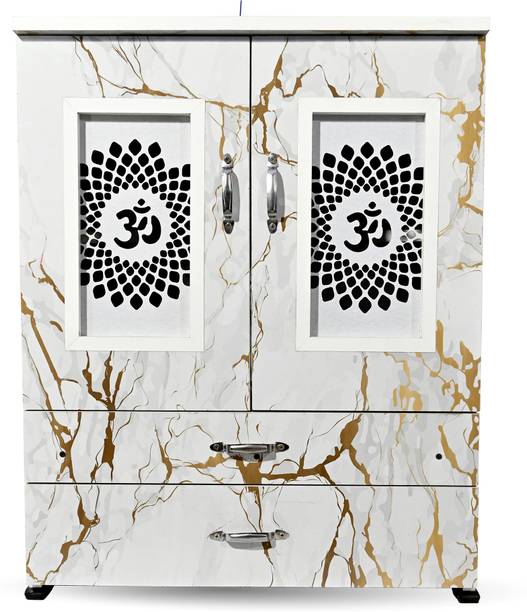 MARECARA WOODS “MARECARA Divine White Mandir – LED Light & Door | Marble Finish Engineered Wood Home Temple