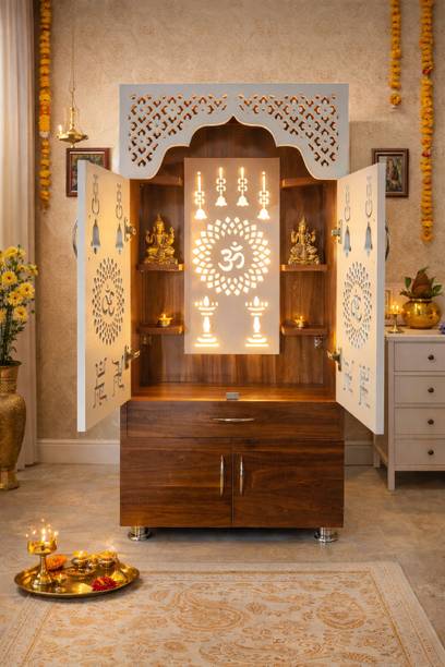 Kankveera crafts Wooden Temple For Home/Pooja Mandir with LED Backlight Engineered Wood Home Temple