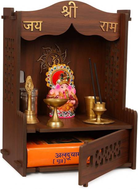 Foxit Handcrafted Wooden Wall-Mounted Pooja Mandir with Luxurious Finish for Home Engineered Wood Home Temple