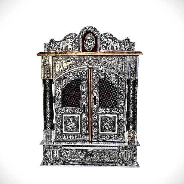 RS HANDICRAFT AND MARBLES Plywood Aluminium Oxidised COATED HOME OR OFFICE Temple Size D6 x L15 Inch Solid Wood Home Temple