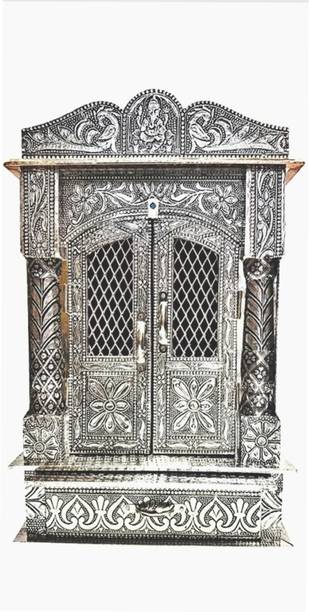 RS HANDICRAFT AND MARBLES plywood silver oxidised COATED home n office mandir with size 12L*6D INCH Solid Wood Home Temple