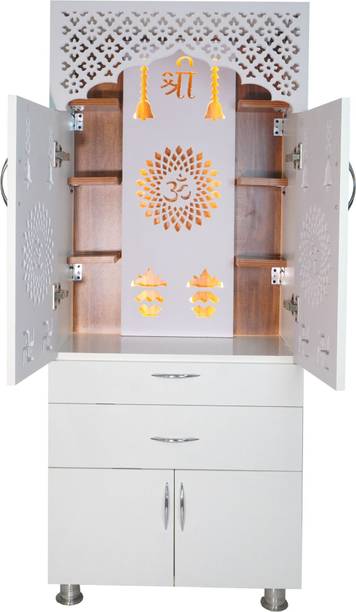 NITAYRA Big Size Designer Wooden Temple With LED Light, Tray & Drawer Storage Engineered Wood Home Temple