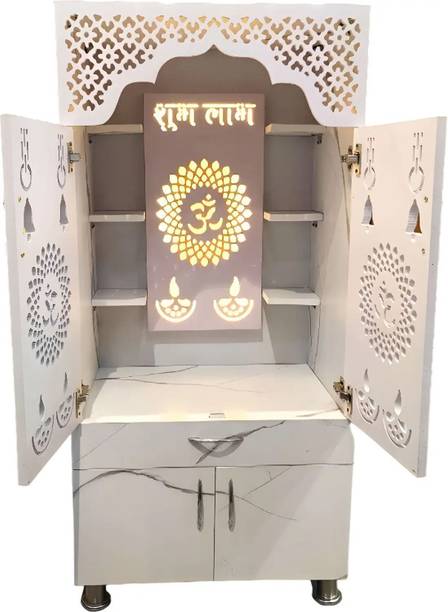 Xester Wooden Temple For Home Pooja Mandir: Temple For Office With Decorative LED Light Stone Home Temple