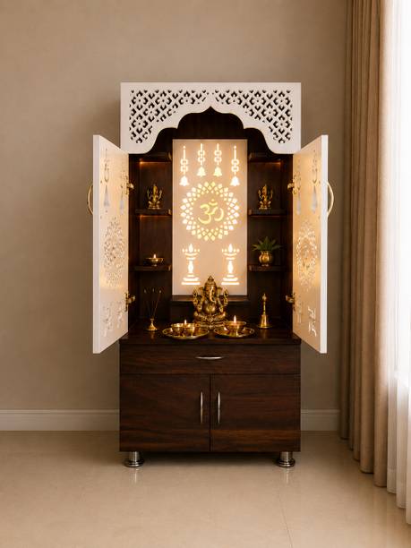 woodaari Large Brown Mandir|Home Temple|Prayer Unit with LED Light & Storage Engineered Wood Home Temple