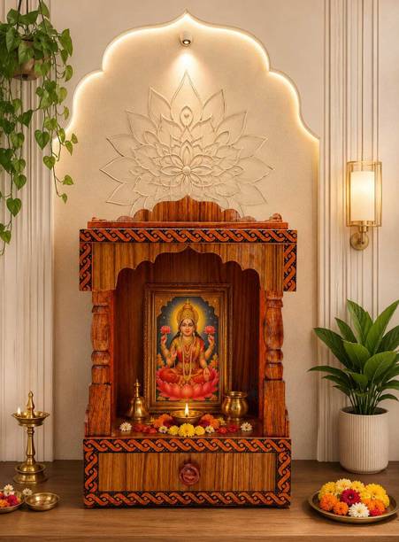 Classic Center Handcrafted Wooden Pooja Mandir With Drawer For Home Temple Decor Setup Solid Wood Home Temple