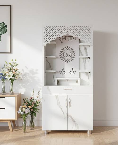 NITAYRA White Marble Finish Temple for Home with LED Shubh Labh Panel & Storage Engineered Wood Home Temple