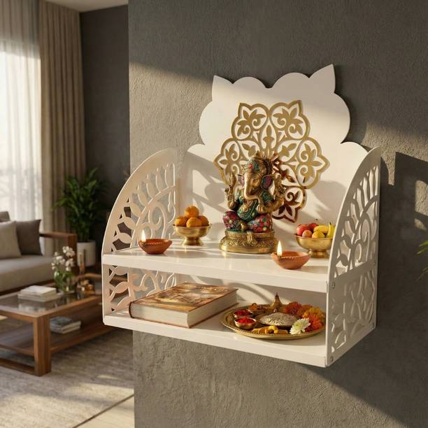 Nived Saraswati Mandir 15 inch Wide Wall Mount Devghar Poojaghar Color White & Gold Metal Home Temple