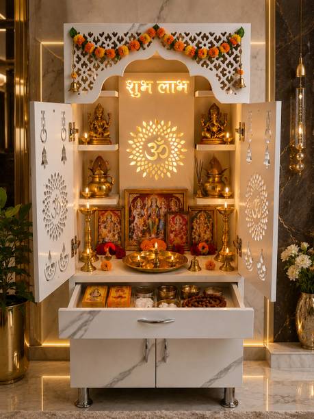 HOODWIN Modern Temple With Decorative LED Light Engineered Wood Home Temple Engineered Wood Home Temple