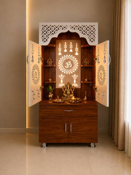 woodaari Large Sheesham Mandir|Home Temple|Prayer Unit with LED Light & Storage Engineered Wood Home Temple