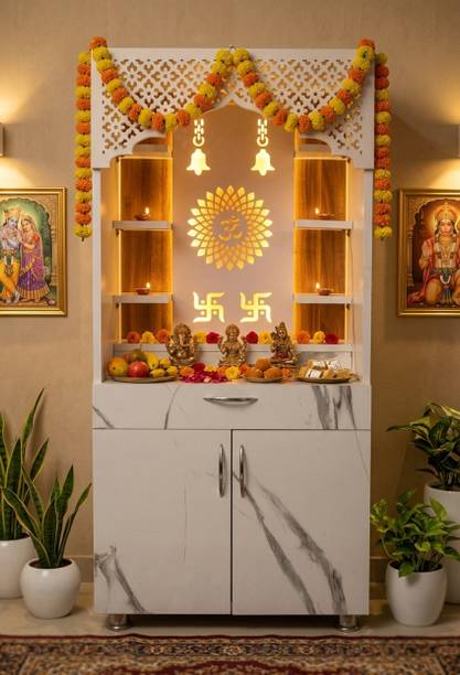 MandirParadise Pooja Mandir for Home Wooden | LED Backlit Marble Finish Modern Mandir Engineered Wood Home Temple