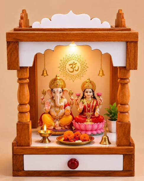 JAISHRIMAHAKAL Handcrafted Wooden Mandir for Home & Office Pooja Temple with Drawer Solid Wood Home Temple
