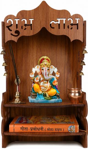 LAKSHITA ART Wooden Temple for Home | Pooja Mandir with Bells & “Shubh Labh” Design | Engineered Wood Home Temple