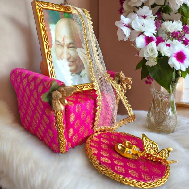 Tickle Cart Guruji Darbar- Guruji Singhasan with Swaroop & Charan Paduka | Premium Fabric Solid Wood Home Temple