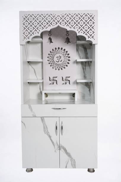 The Mandir Company Wooden Mandir for Home with LED Light & Storage | White Marble Finish Engineered Wood Home Temple