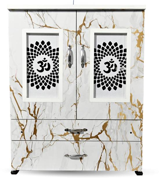 MARECARA WOODS “MARECARA Divine White Mandir – LED Light & Door | Marble Finish Engineered Wood Home Temple