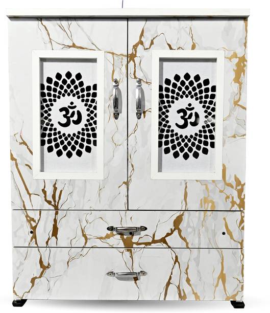 MARECARA WOODS “MARECARA Divine White Mandir – LED Light & Door | Marble Finish Engineered Wood Home Temple